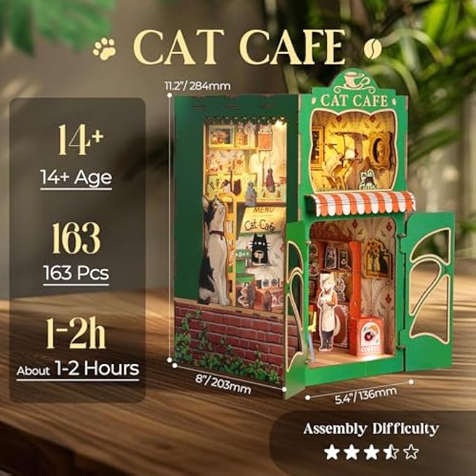 DIY BOOK NOOK KIT, 3D WOODEN PUZZLE MINIATURE BOOKSHELF DECOR WITH LED LIGHTING, CRAFT SET ADULTS, DIY DOLLHOUSE WOODEN HOUSE KIT (CAT COFFEE HOUSE) - Image 4